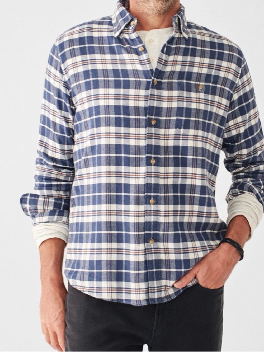 Faherty The Movement™ Flannel Navy White Brown Plaid Button-Down Shirt Size XXL